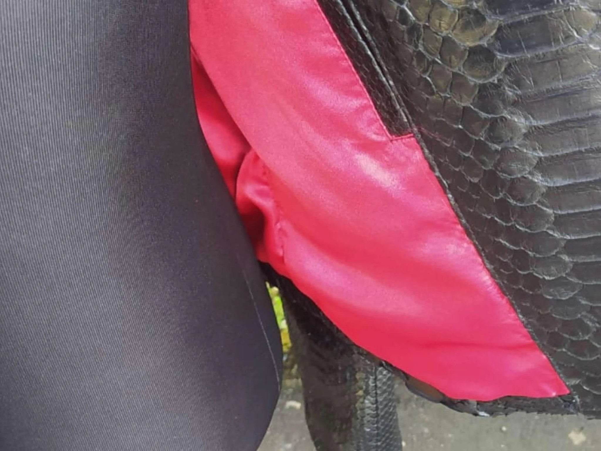 Black snakeskin leather jacket interior detail with red fabric lining panel