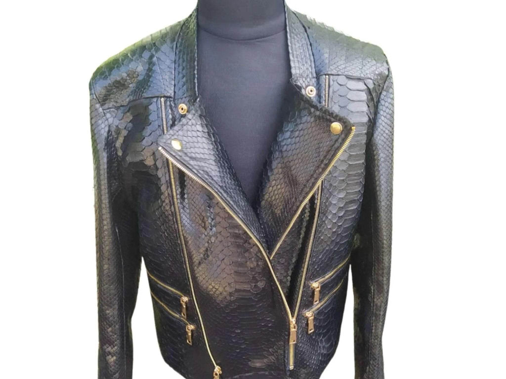 Black snakeskin leather jacket with gold-tone zip and stand collar, front view