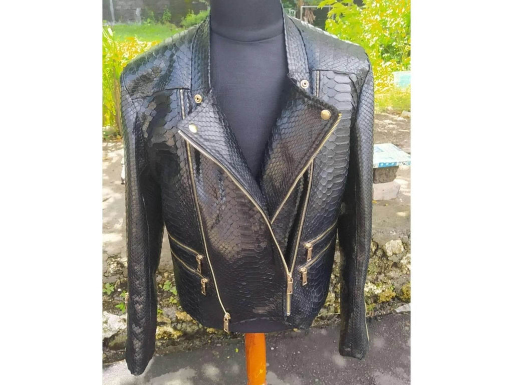 Black snakeskin leather jacket front view with gold-tone zippers and stand collar