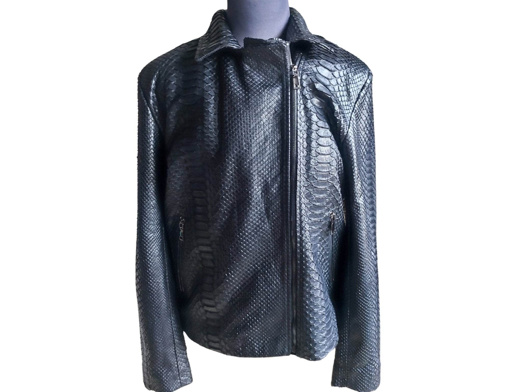 Black snakeskin motorcycle leather jacket, left front side with zip and curved panels