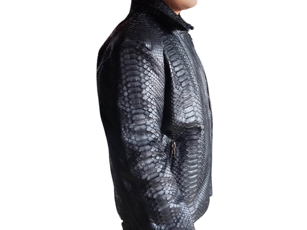Black snakeskin motorcycle leather jacket, side profile with zip front and sleeve pocket