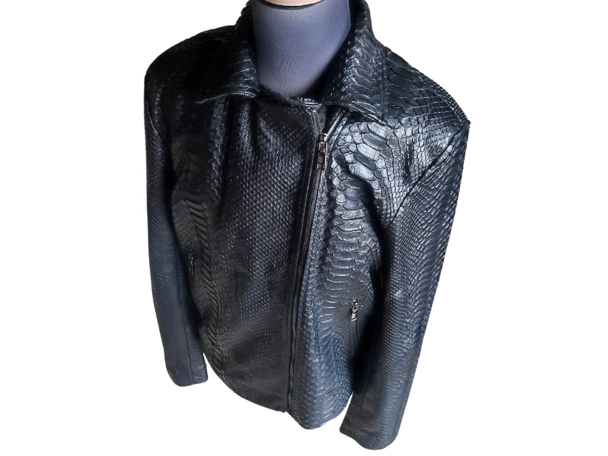 Black snakeskin motorcycle leather jacket with front zipper and stand collar