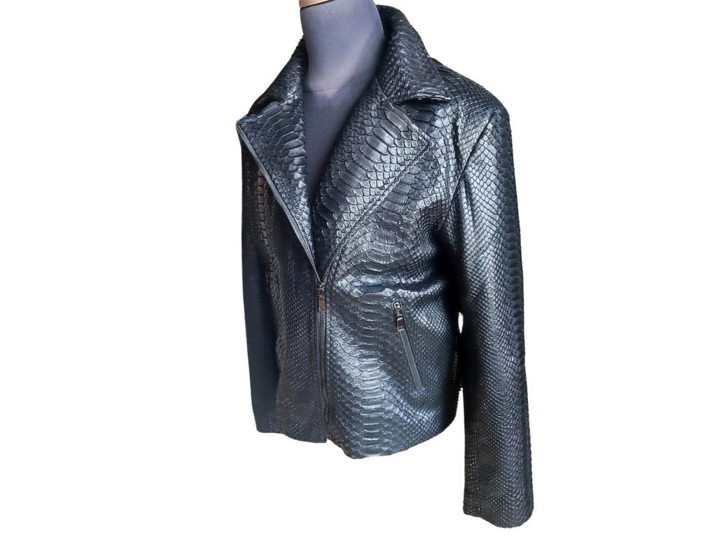 Black snakeskin motorcycle leather jacket, front left side with zip and panel seams