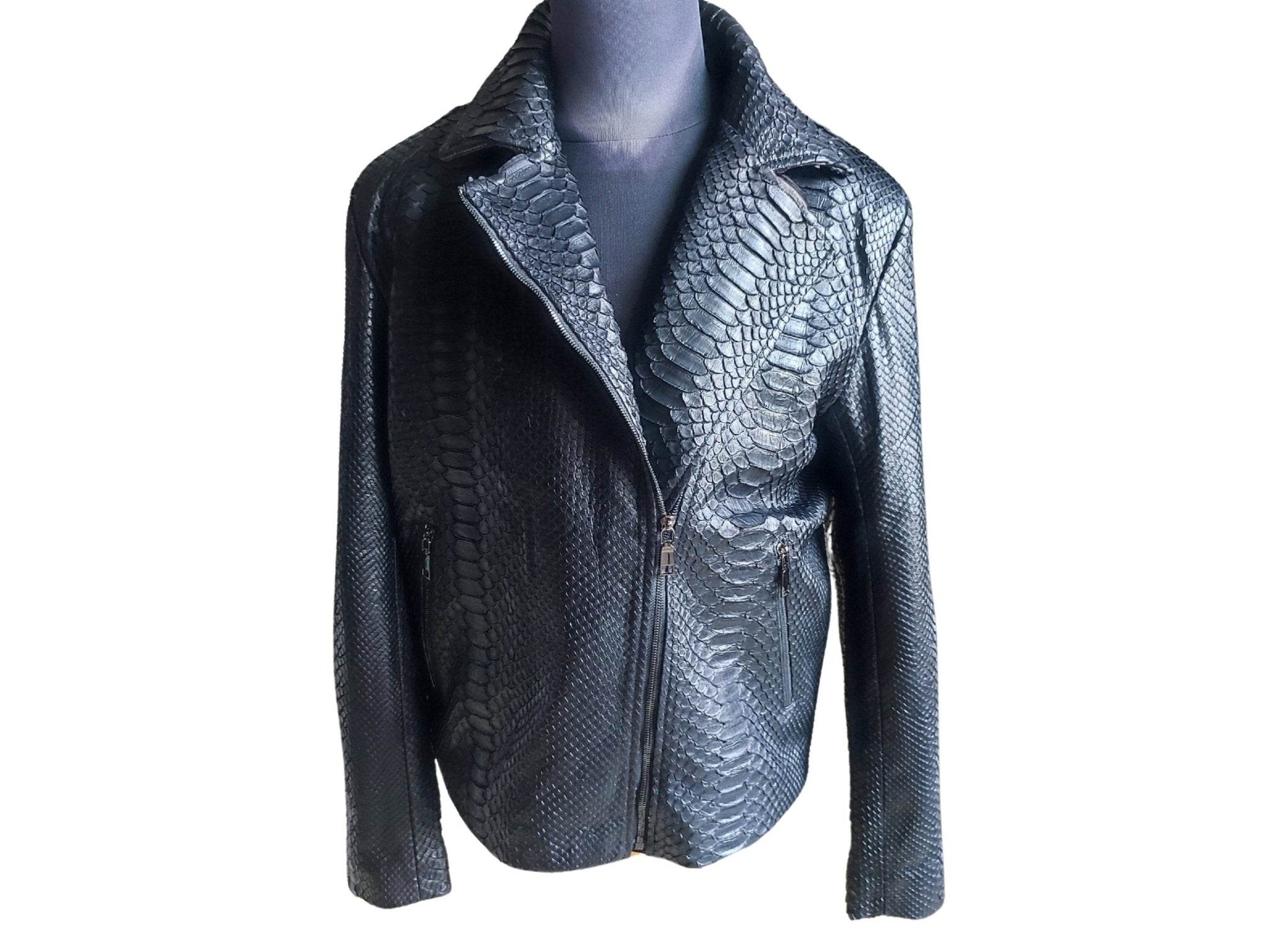 Black snakeskin motorcycle leather jacket with zip front and raised stand collar
