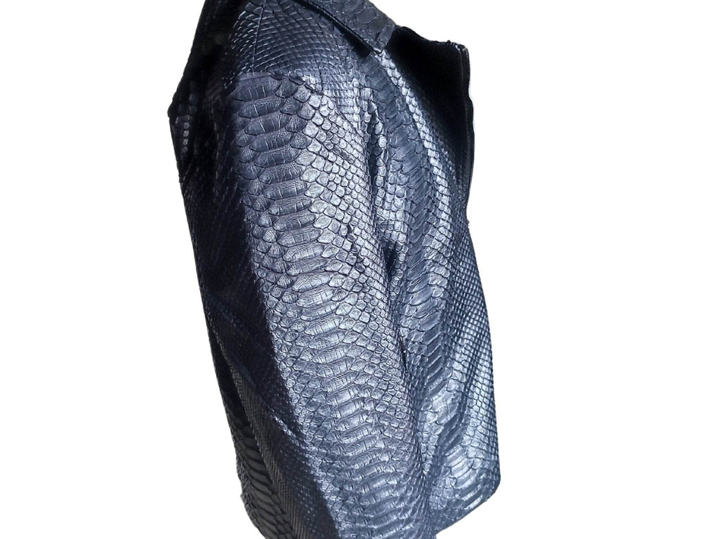 Black snakeskin motorcycle leather jacket, back side panel detail