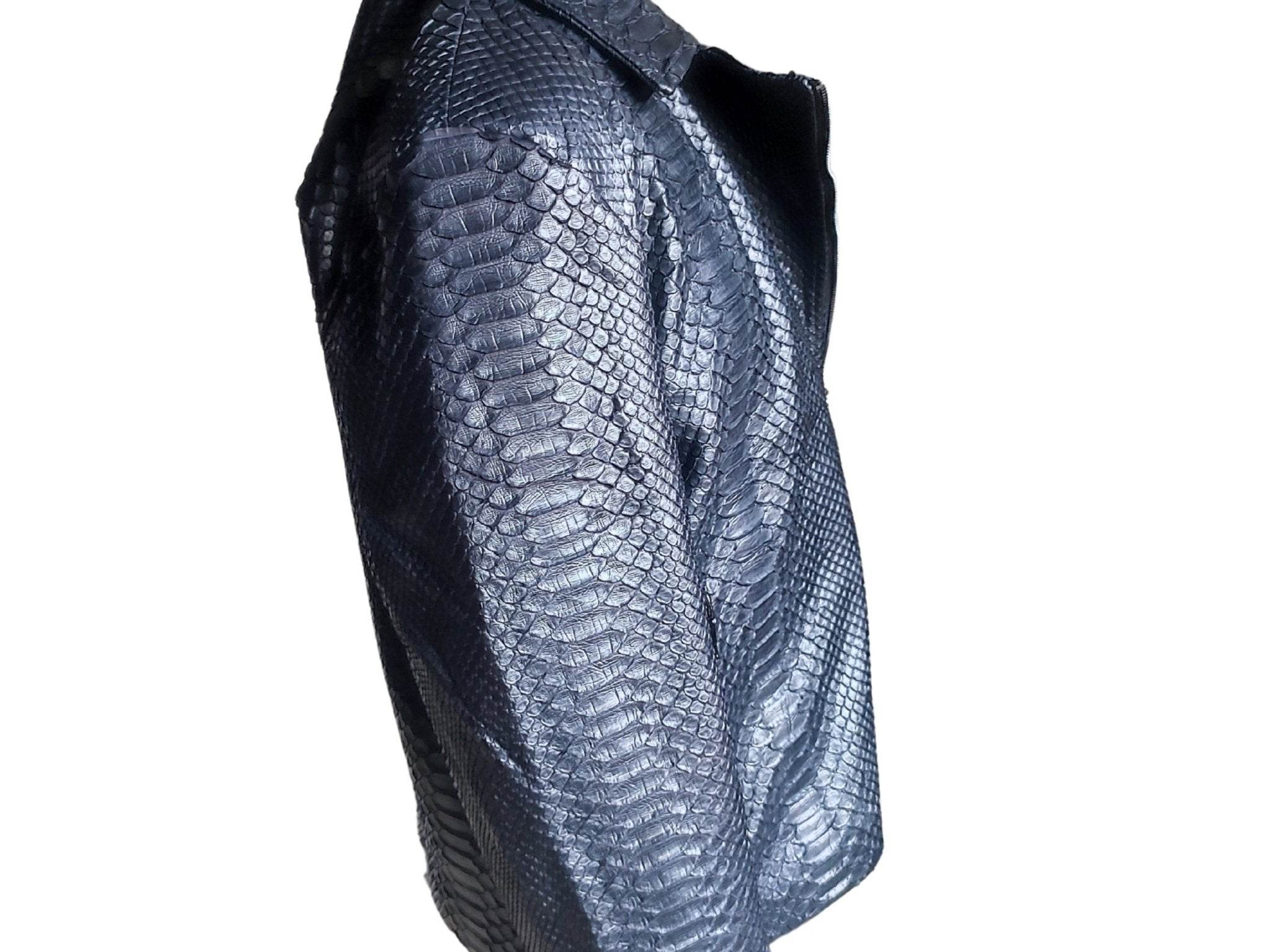 Black snakeskin motorcycle leather jacket, back side panel detail