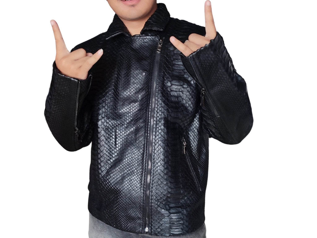 Black snakeskin-textured motorcycle leather jacket with zip front and stand collar