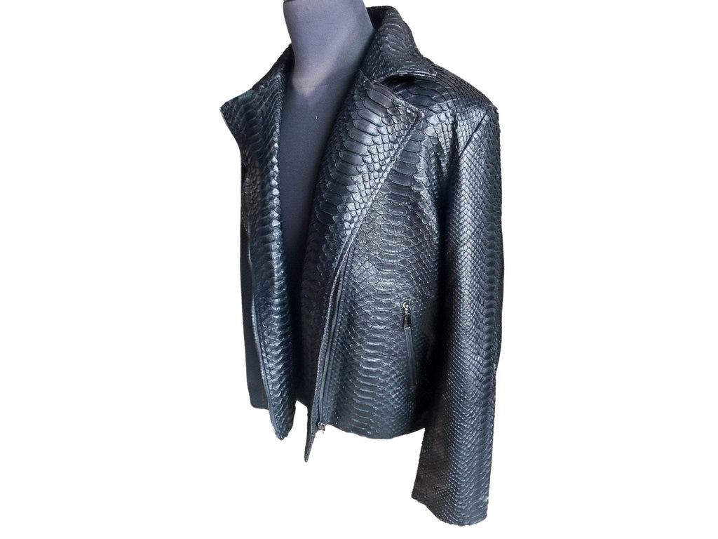 Black snakeskin motorcycle leather jacket sleeve and front seams, angled view