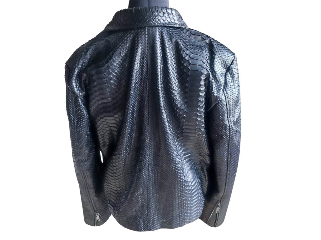 Black snakeskin motorcycle leather jacket, back view with zip, yoke, and side pockets