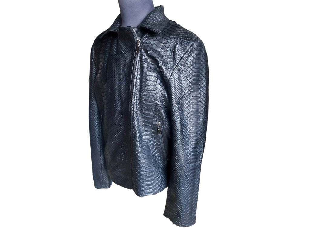 Black snakeskin motorcycle leather jacket, quarter view with front zip and collar detail