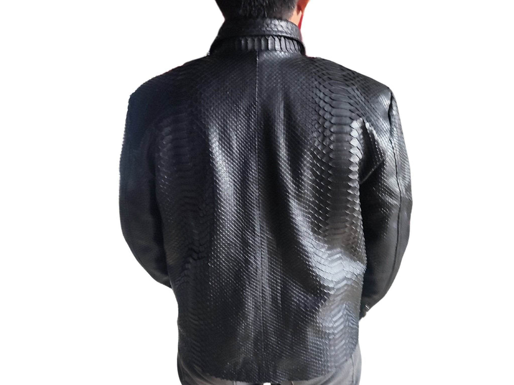 Black snakeskin motorcycle leather jacket, back view with zip closure and high collar