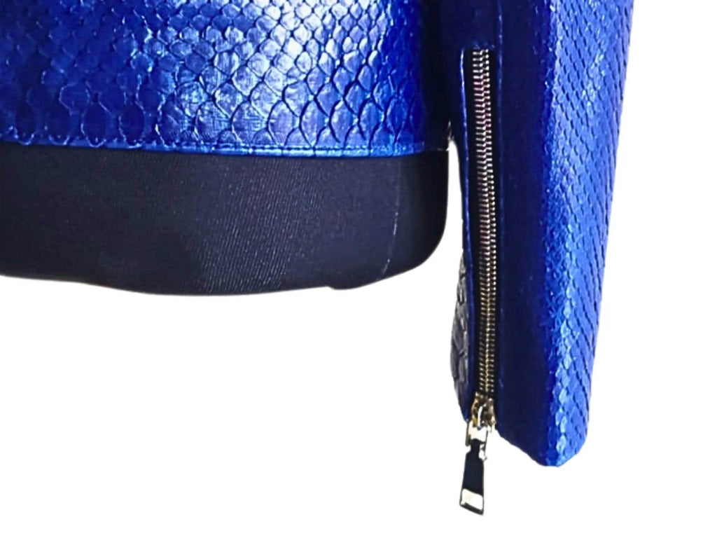 Blue python leather jacket sleeve and front zipper with metal pull tab