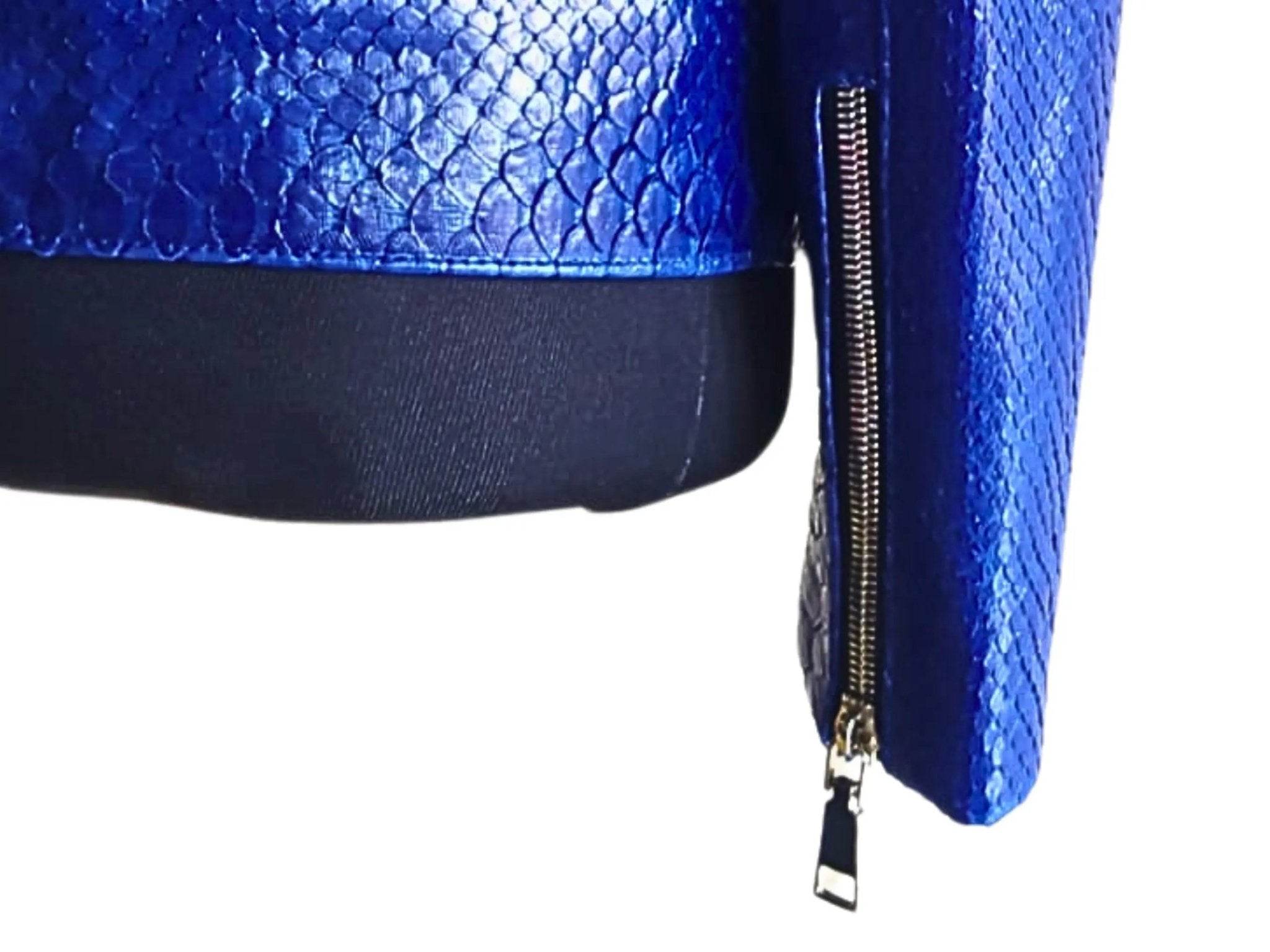 Blue python leather jacket sleeve and front zipper with metal pull tab