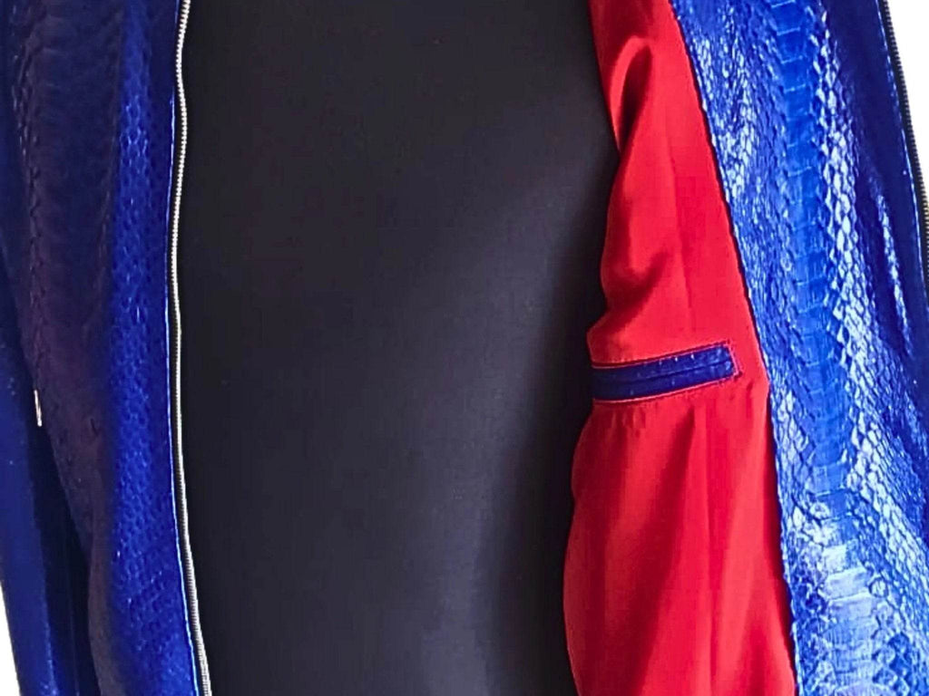 Blue python leather jacket interior lining and pocket area, contrasting red lining