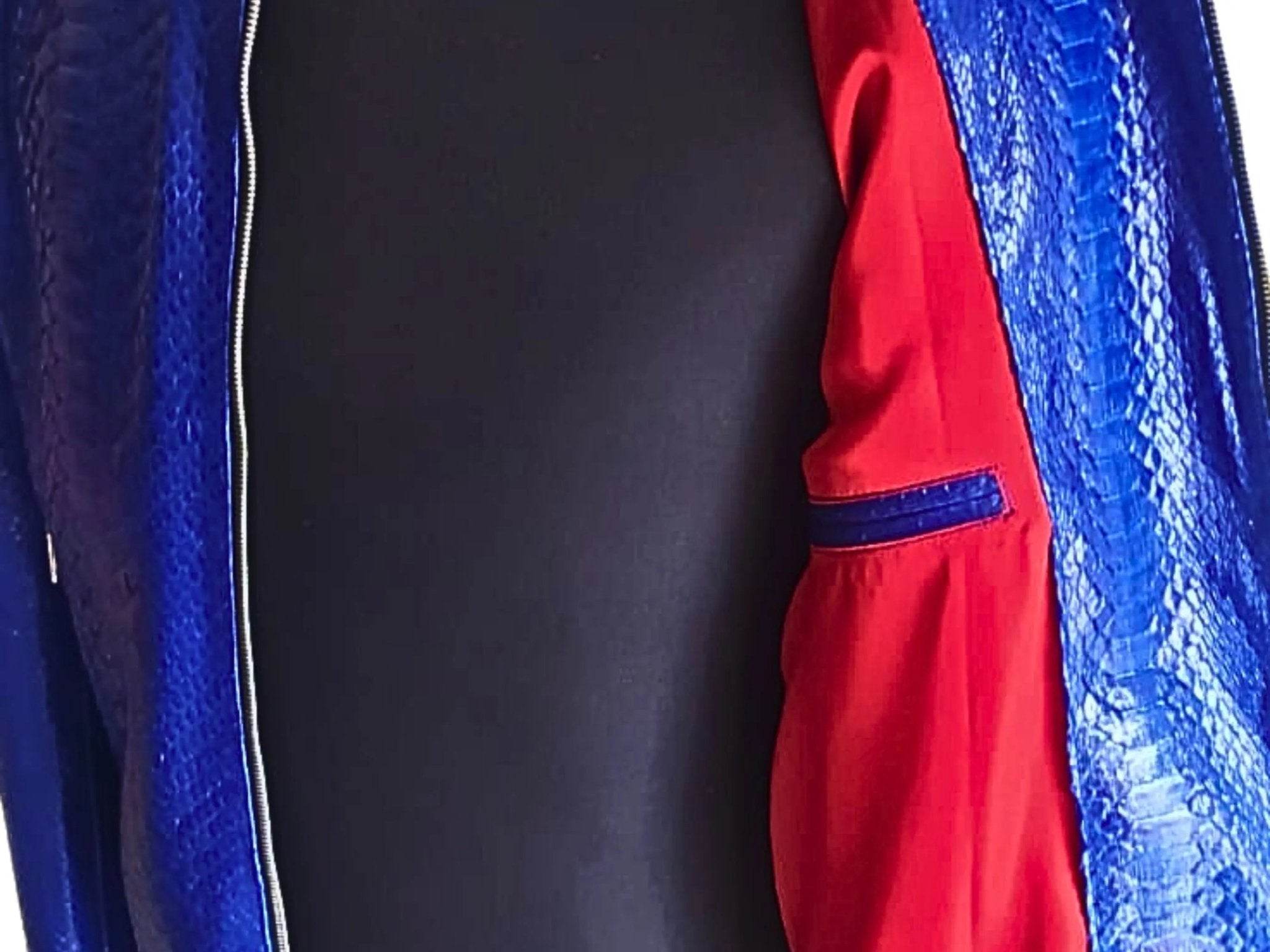 Blue python leather jacket interior lining and pocket area, contrasting red lining
