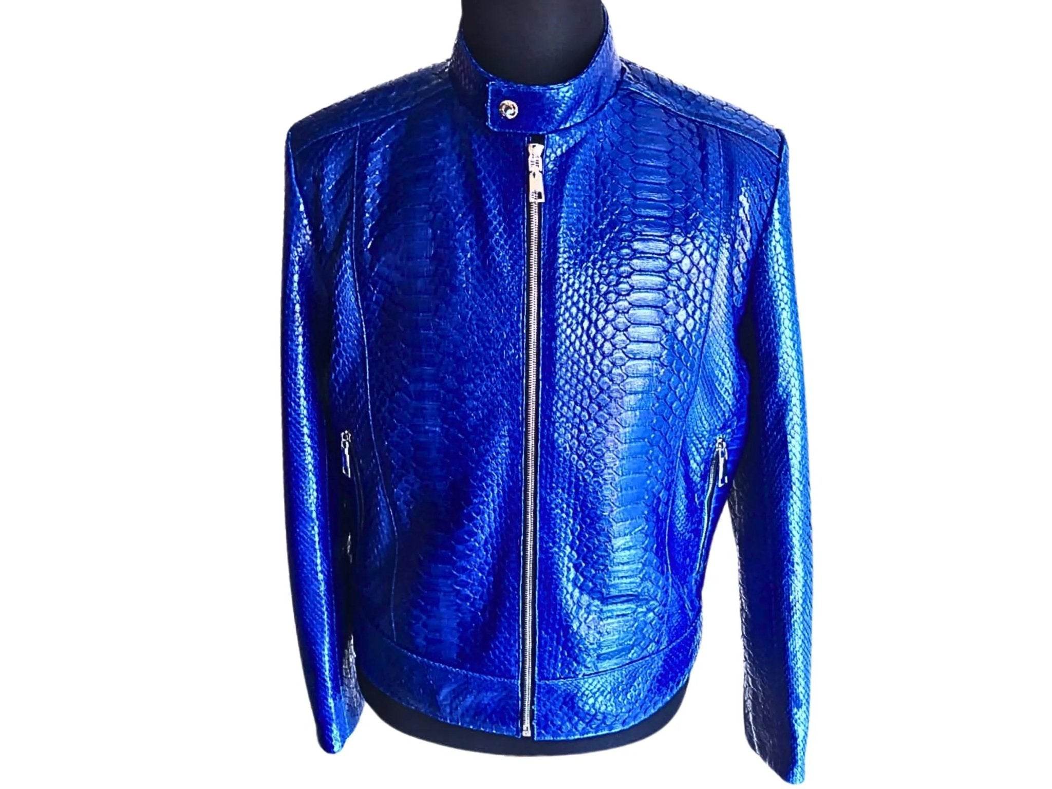 Blue python leather jacket with stand collar, front zip and textured body