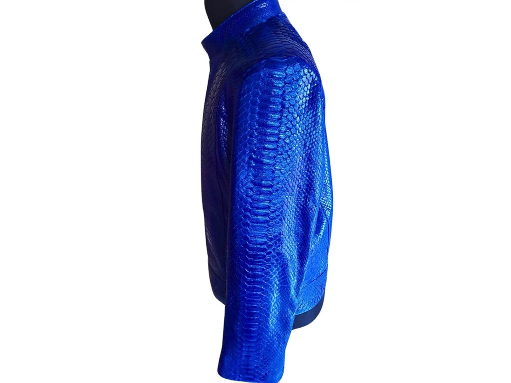 Blue python leather jacket side view, long sleeves and textured snake-skin finish