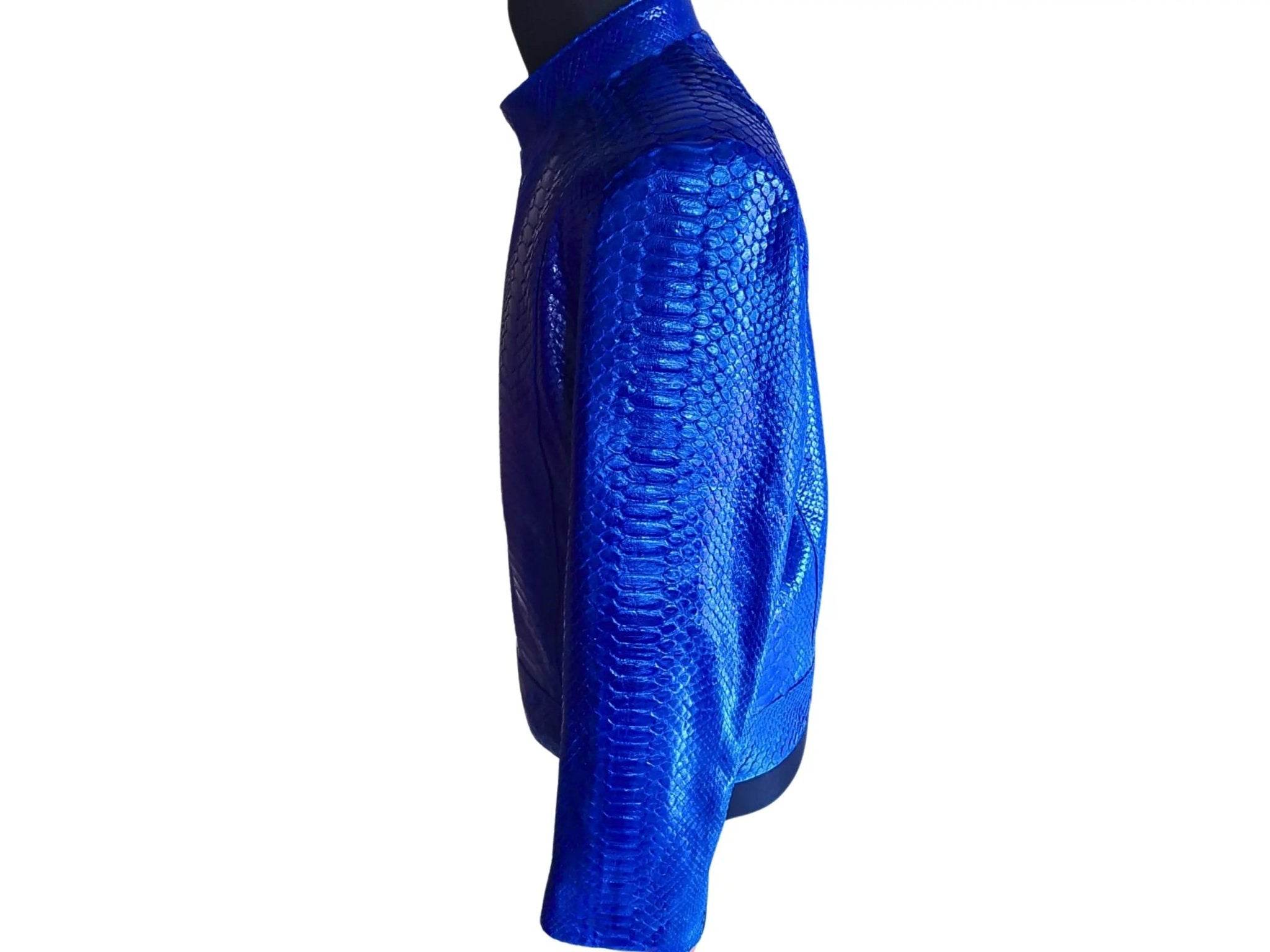 Blue python leather jacket side view, long sleeves and textured snake-skin finish