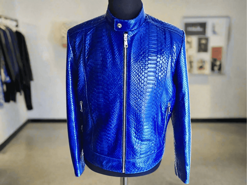 Blue python leather jacket front view, stand collar, center zipper, textured panels
