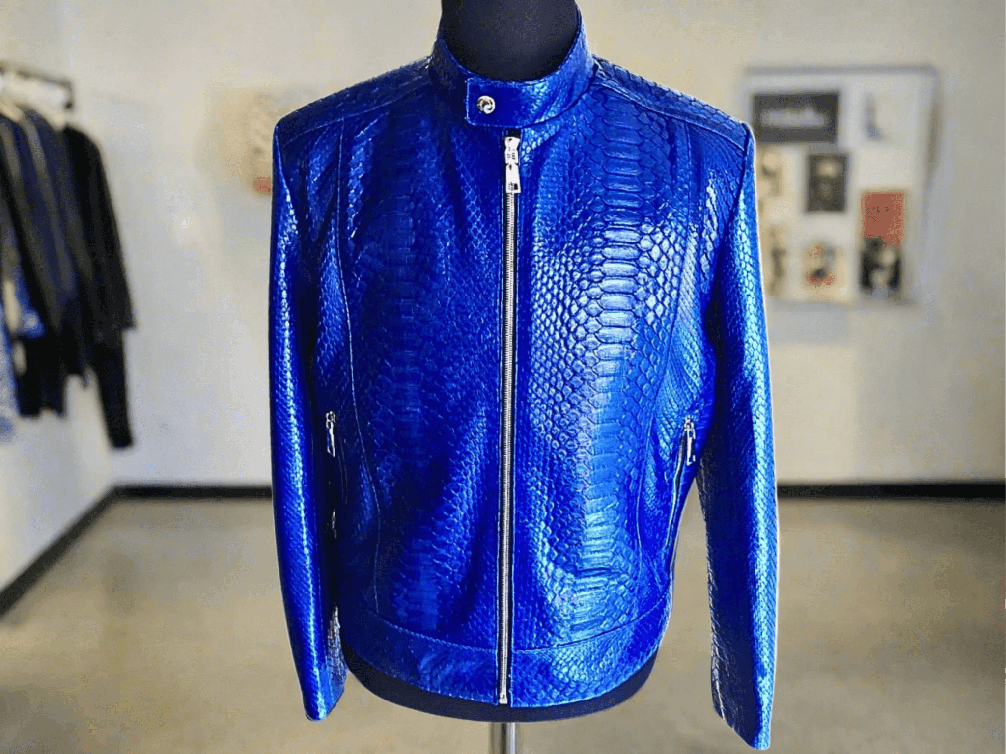 Blue python leather jacket front view, stand collar, center zipper, textured panels