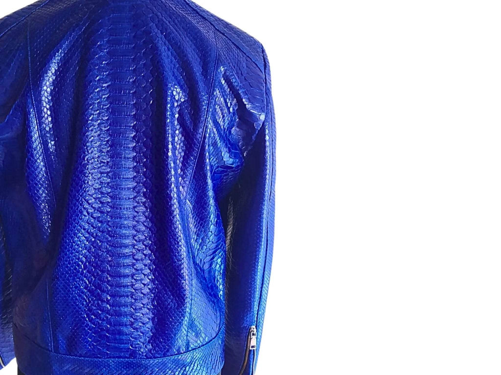Blue python leather jacket, textured snake-skin pattern, back shoulder seam detail