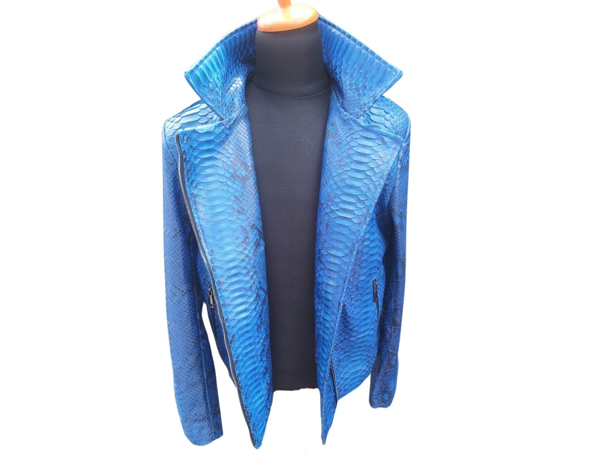 Blue snakeskin leather motorcycle jacket, lapel and collar detail with zip front