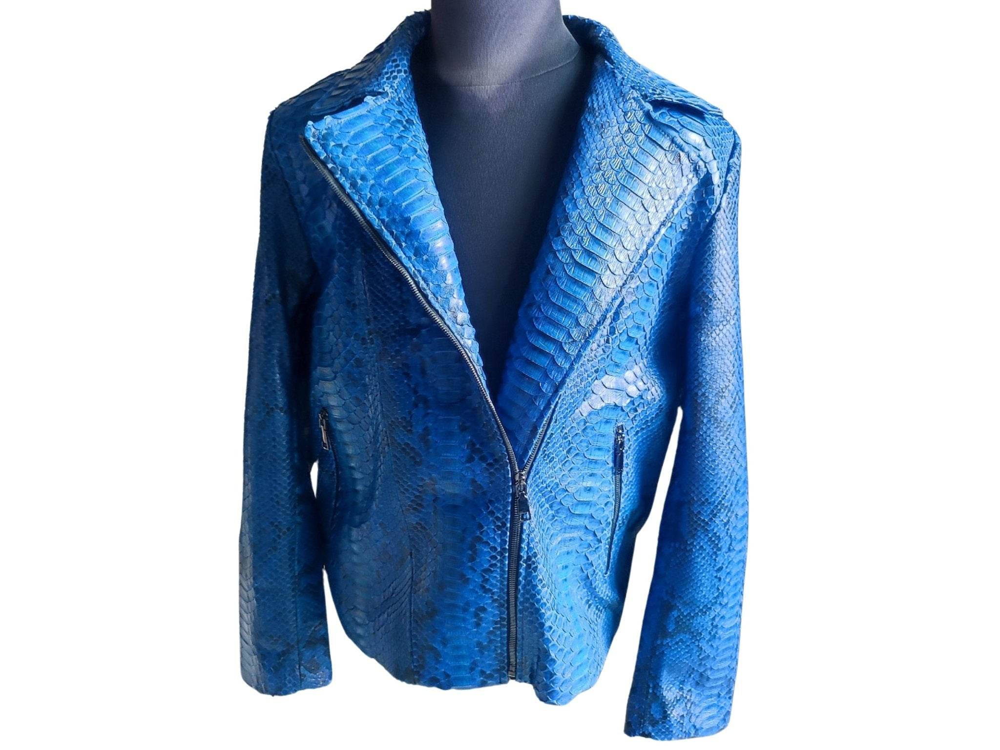 Blue snakeskin leather motorcycle jacket, front view with V-shaped zip opening