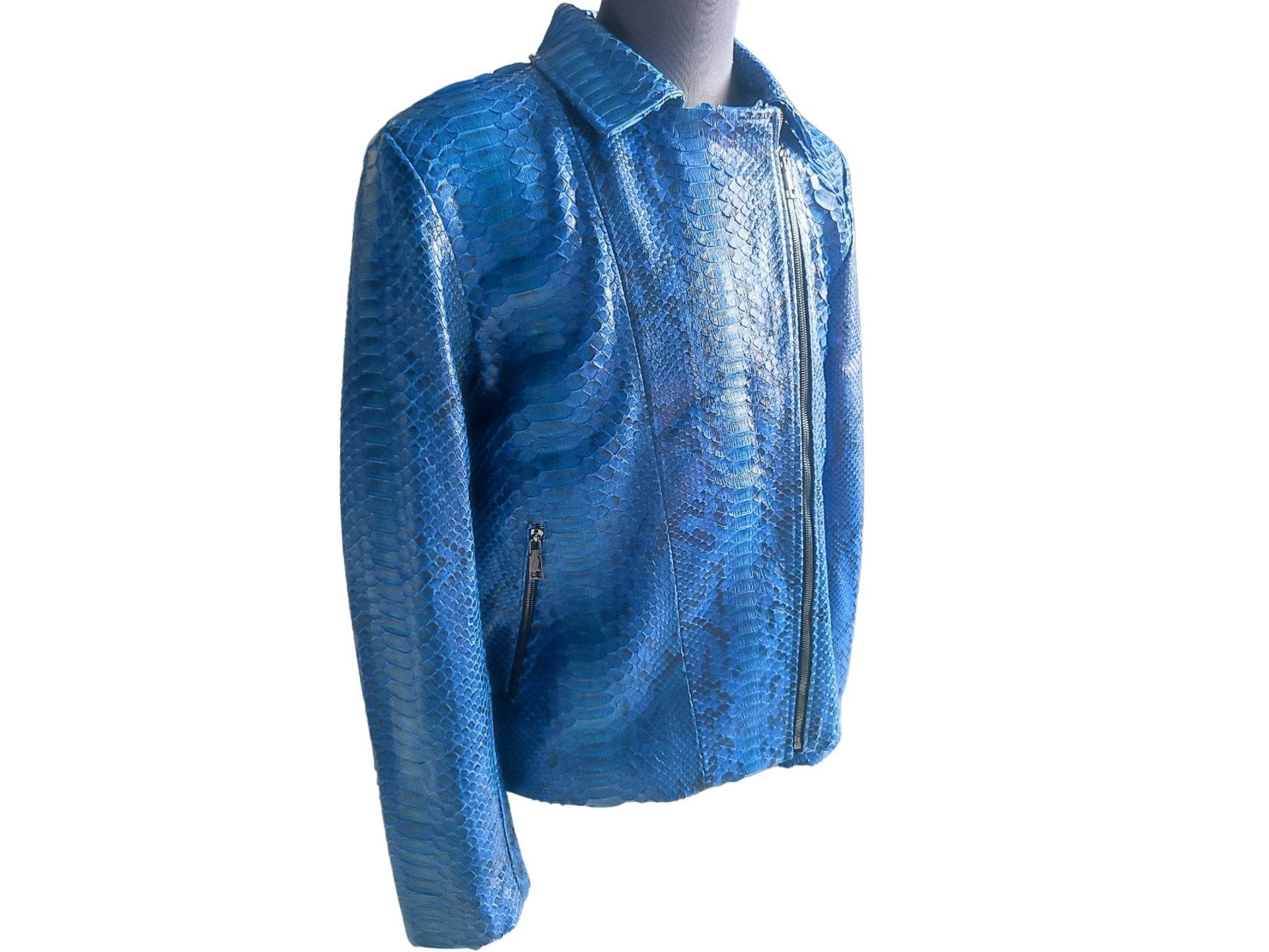 Blue snakeskin leather motorcycle jacket, left side view with zipper front and chest pocket