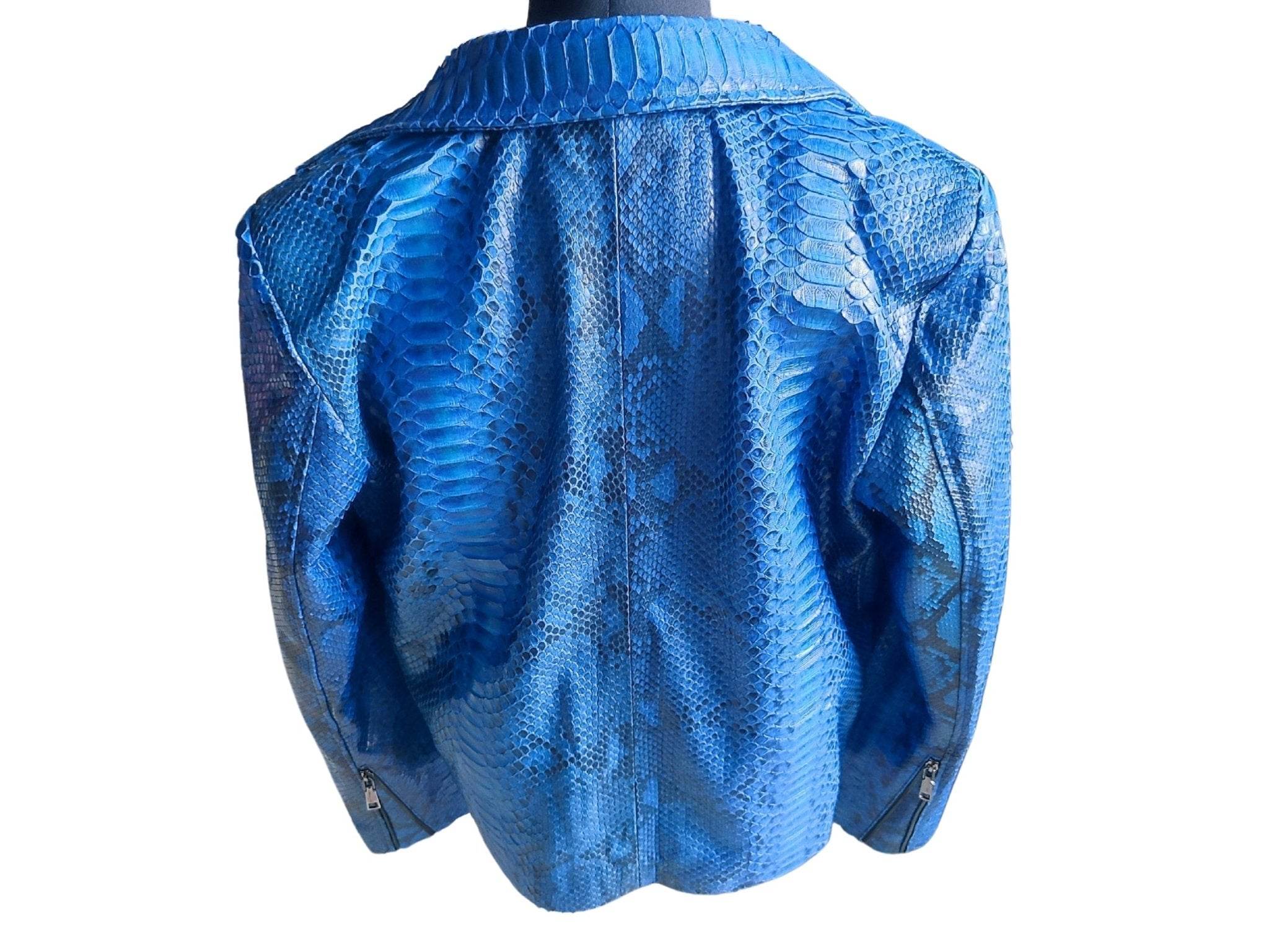 Blue snakeskin leather motorcycle jacket, back view with full back panel and zip details