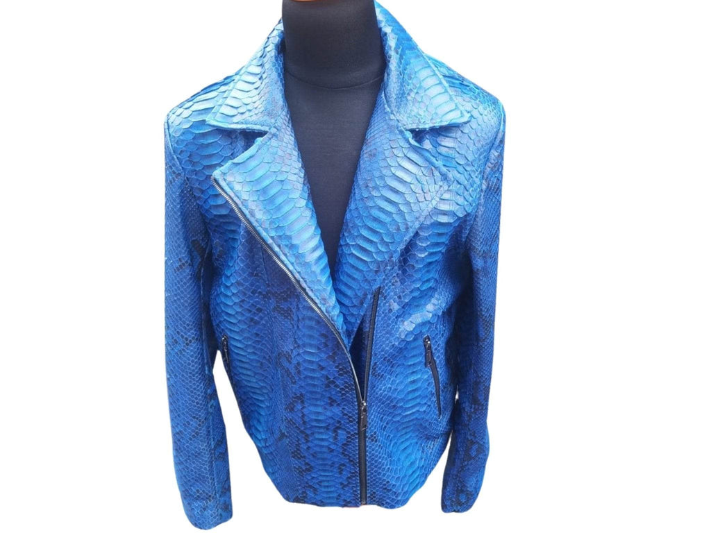 Blue snakeskin leather motorcycle jacket, front view with stand collar and zipper closure
