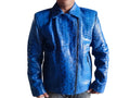 Blue snakeskin leather motorcycle jacket with front zip and stand collar