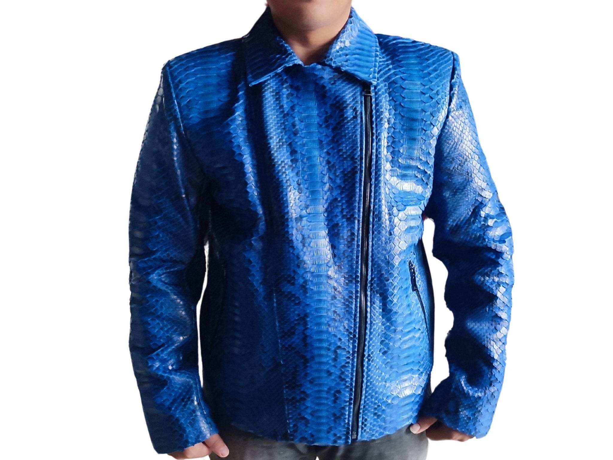Blue snakeskin leather motorcycle jacket with front zip and stand collar
