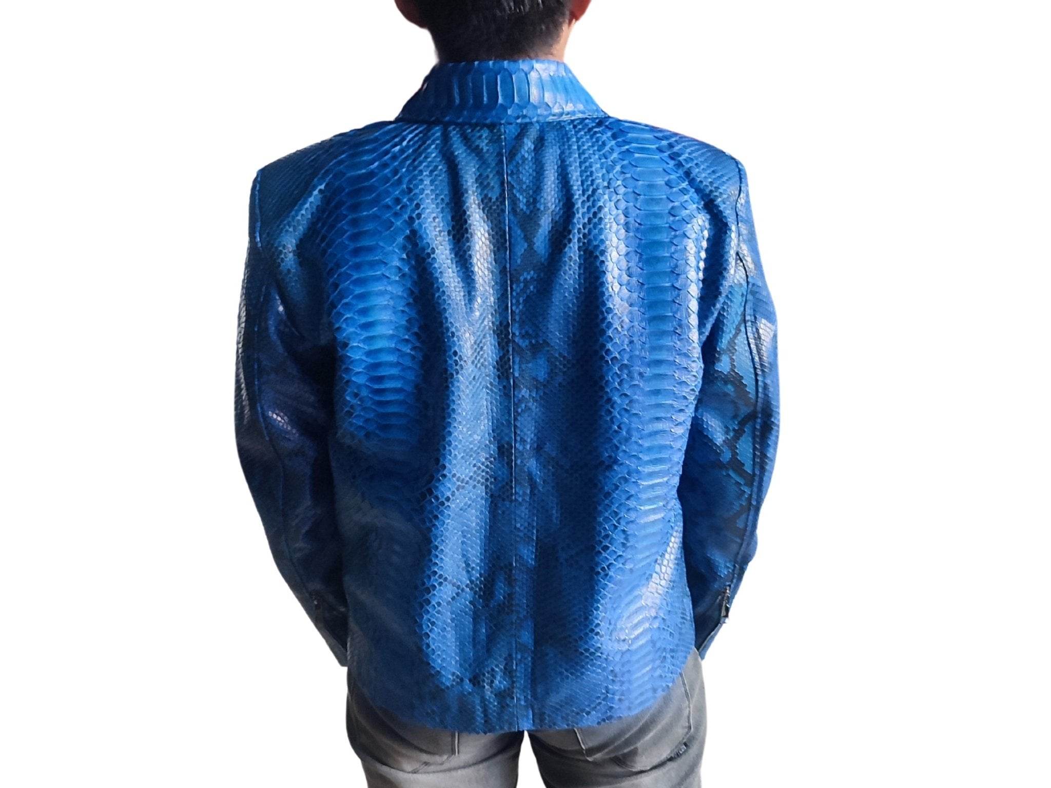 Blue snakeskin leather motorcycle jacket, back view showing collar and shoulder panels