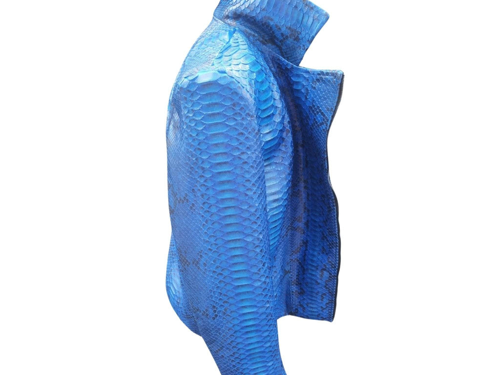 Blue snakeskin motorcycle leather jacket, left-side view, stand collar