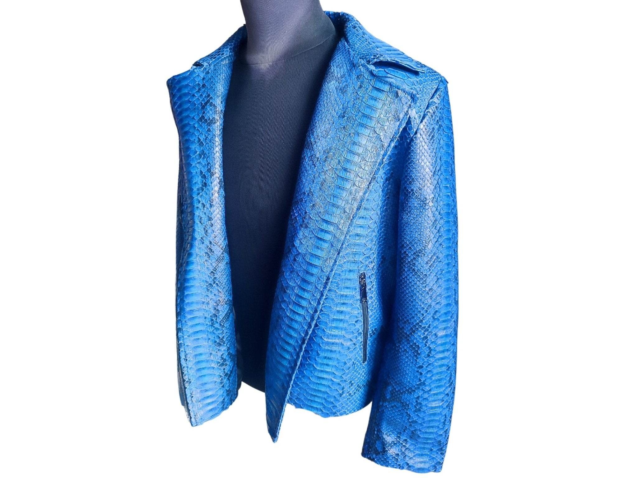 Blue snakeskin motorcycle leather jacket, front open lapels, textured collar
