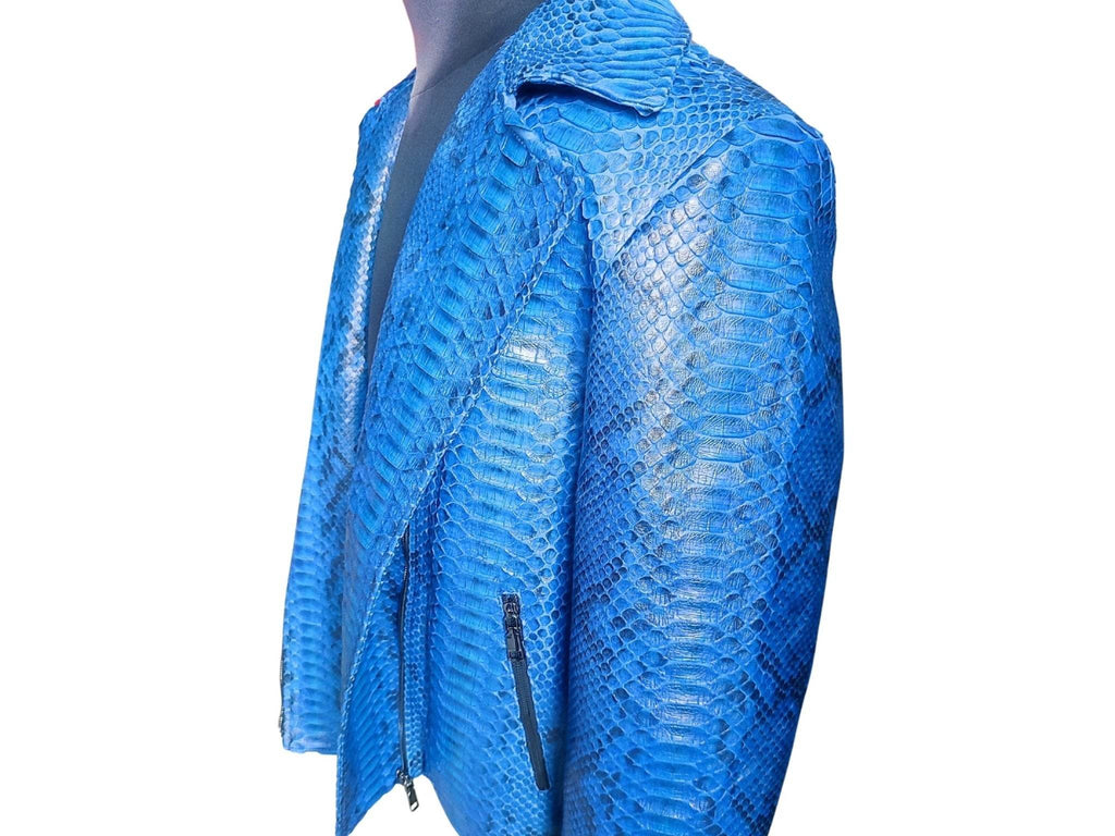Blue snakeskin leather jacket, shoulder close-up with front zip detail