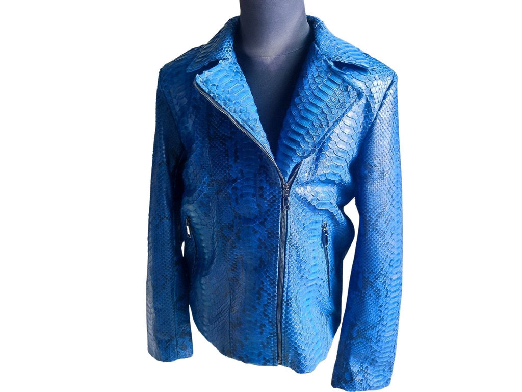 Blue snakeskin leather motorcycle jacket, front close-up with zip front and angled seams