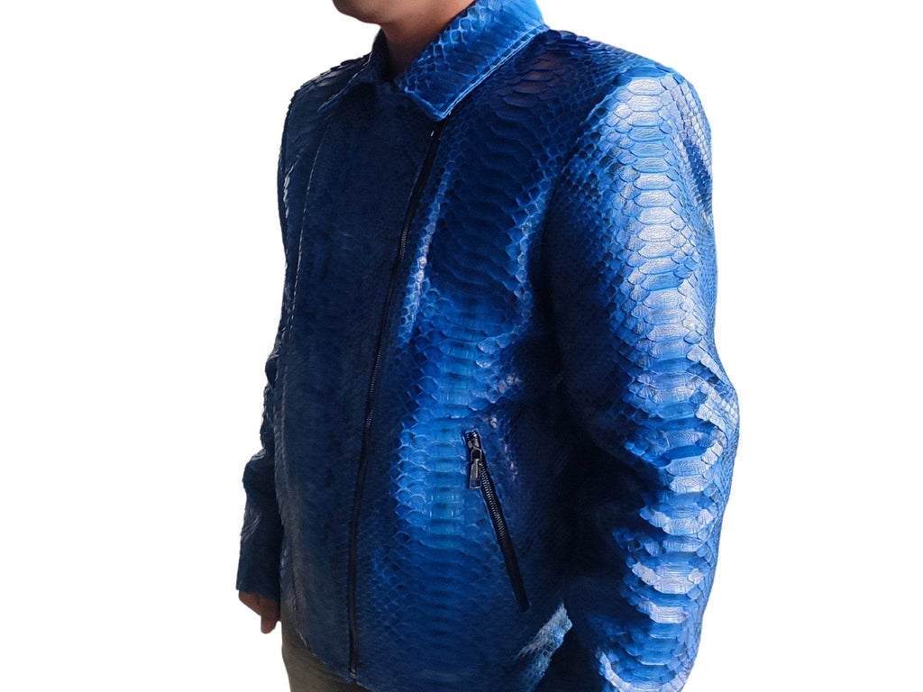 Blue snakeskin leather motorcycle jacket, side view with zip pocket and zipper front