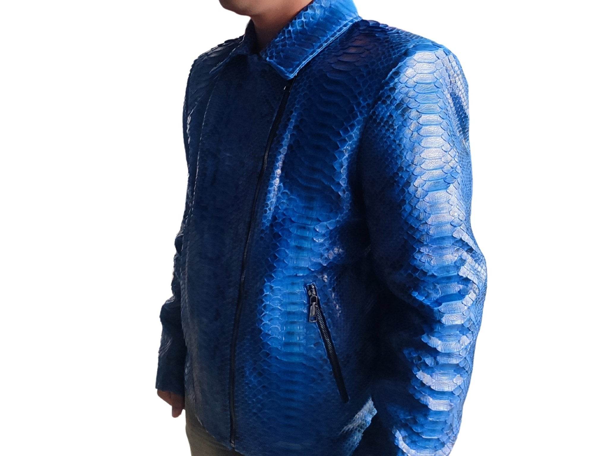 Blue snakeskin leather motorcycle jacket, side view with zip pocket and zipper front
