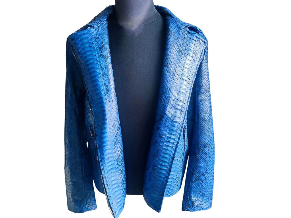 Blue snakeskin motorcycle leather jacket, open front with lapels, long sleeves