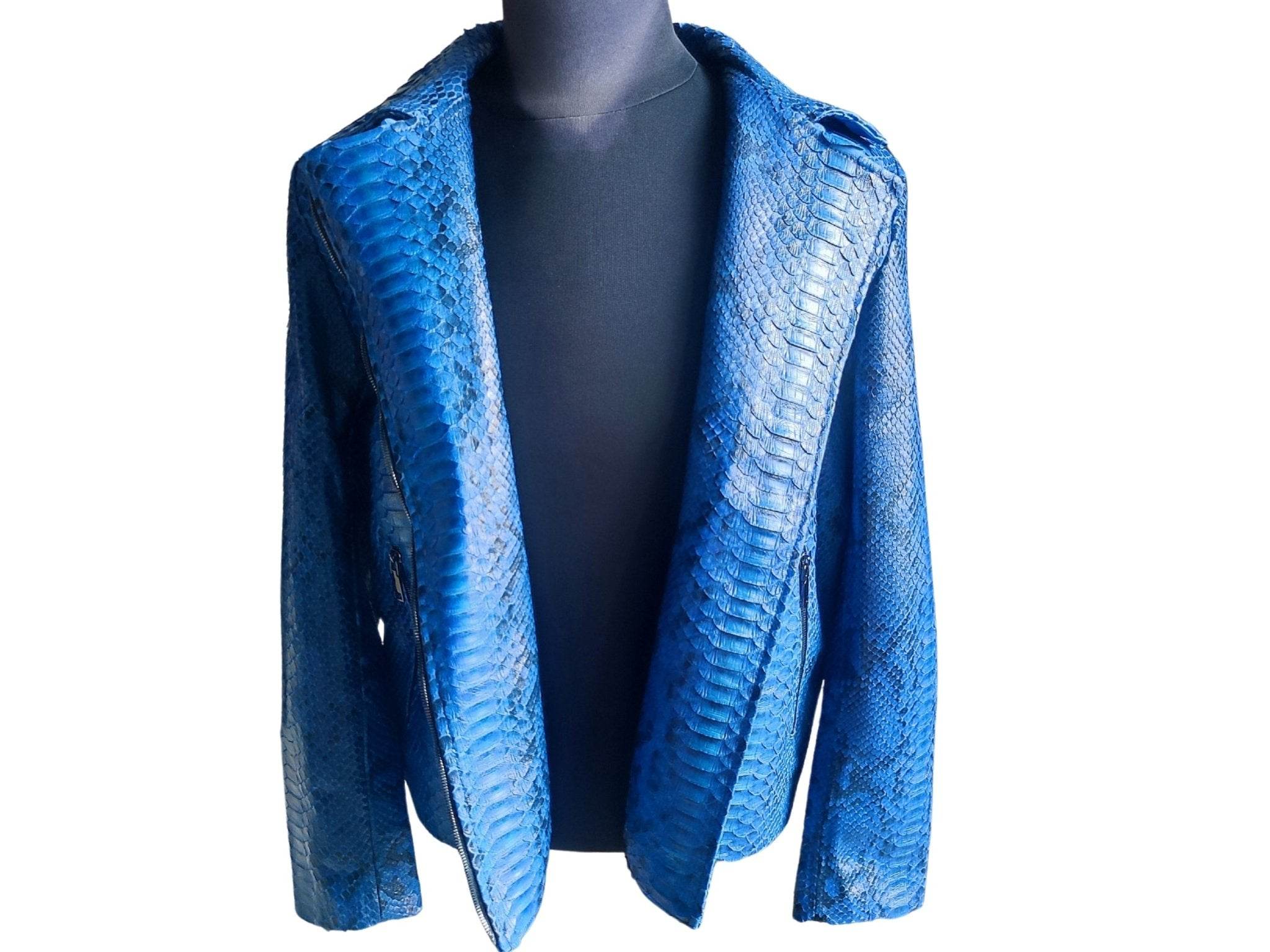 Blue snakeskin motorcycle leather jacket, open front with lapels, long sleeves