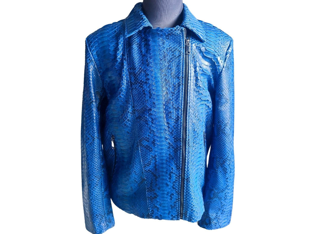 Blue snakeskin leather motorcycle jacket, chest view with front zipper and textured pattern