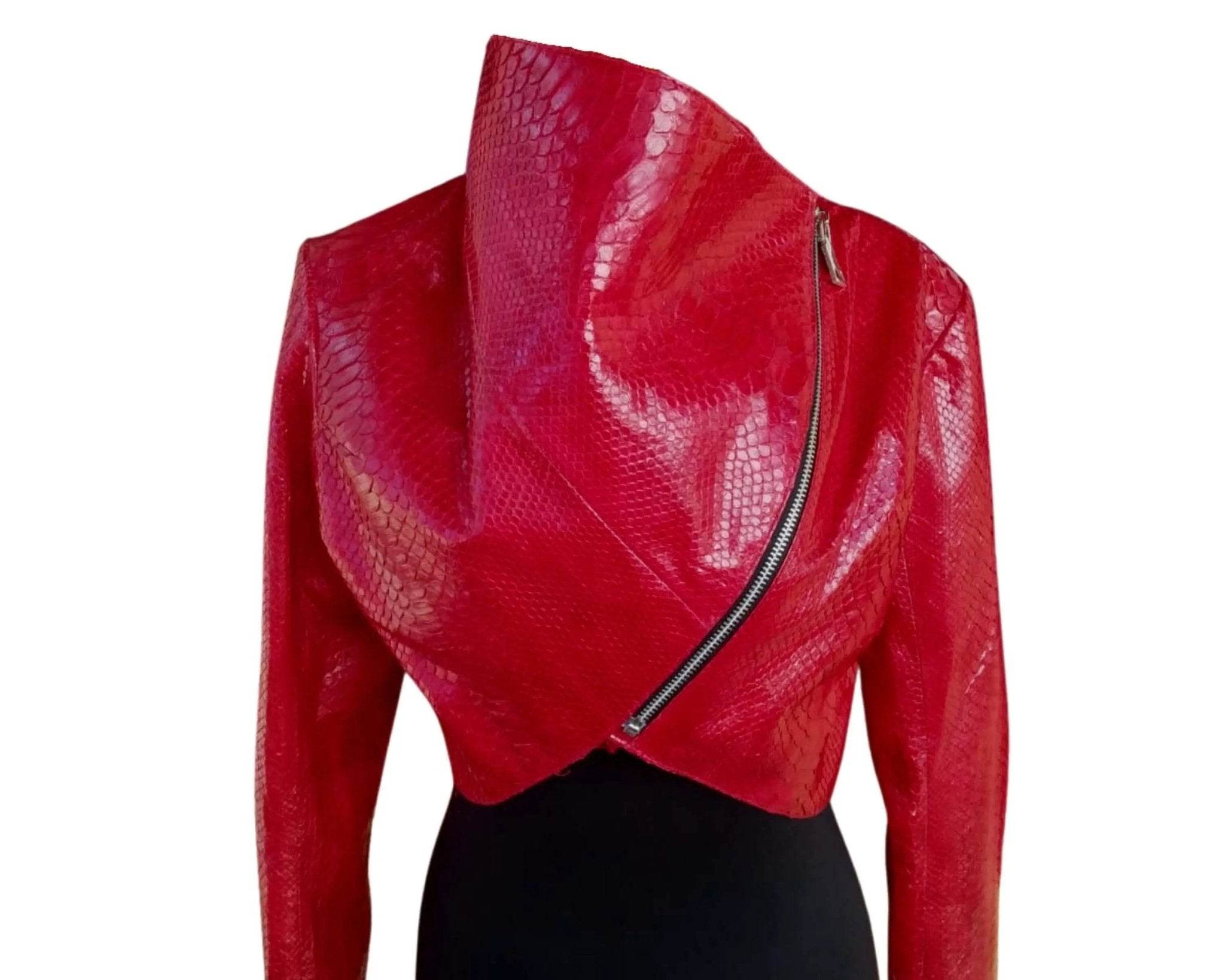 Red bolero jacket with textured fabric and asymmetrical zip front
