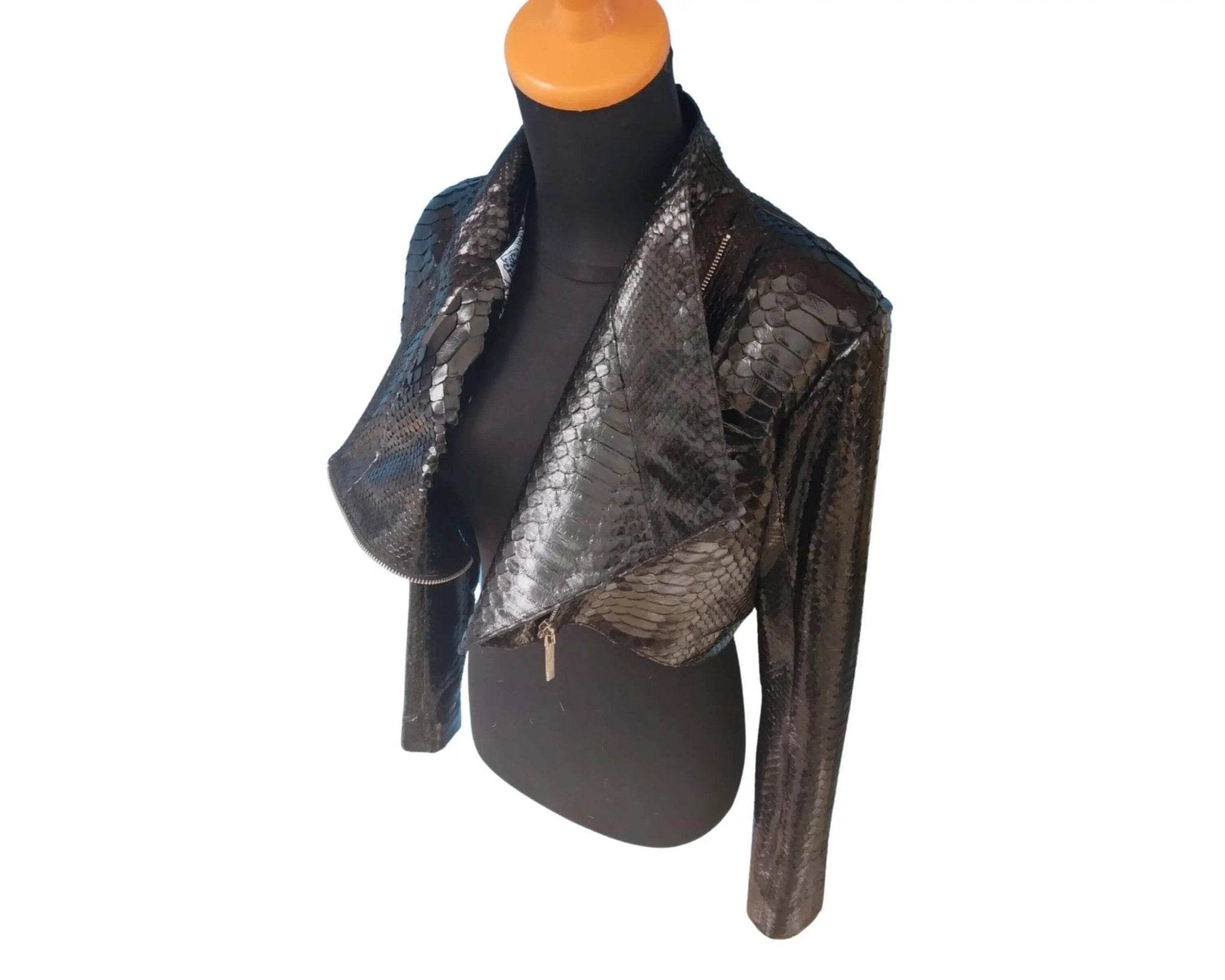 Metallic gray bolero jacket with dark snake-like texture and asymmetric zip front