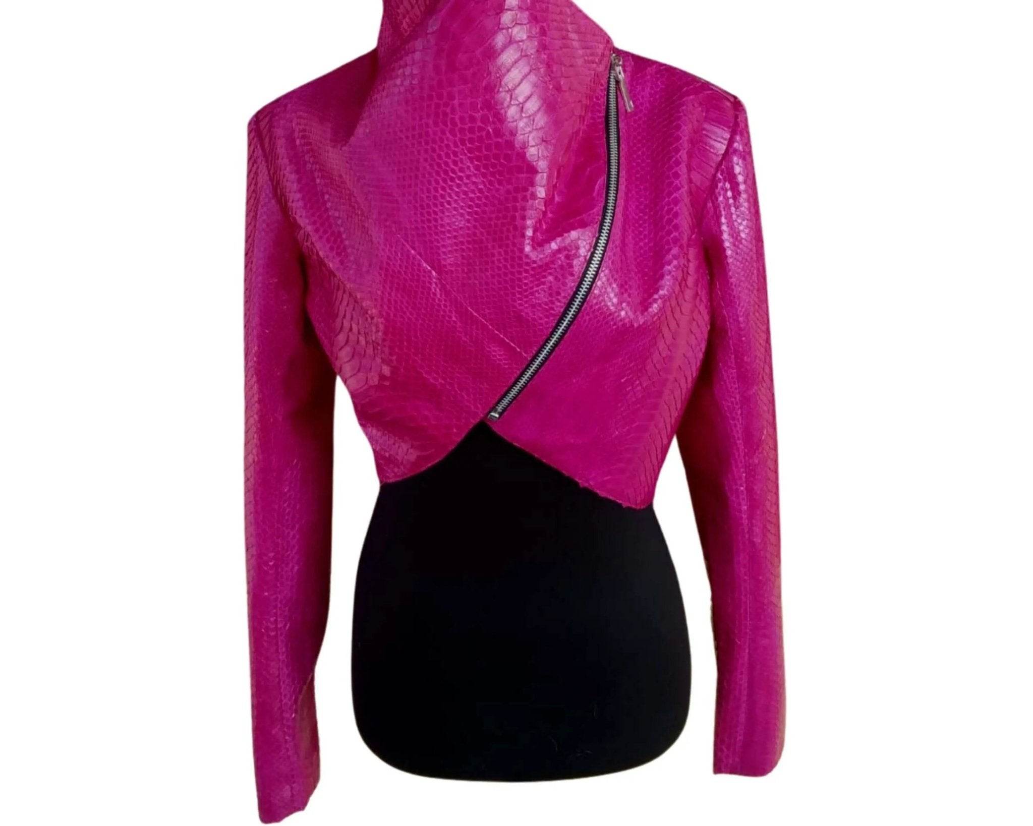 Hot pink bolero jacket with textured look and asymmetrical zip front