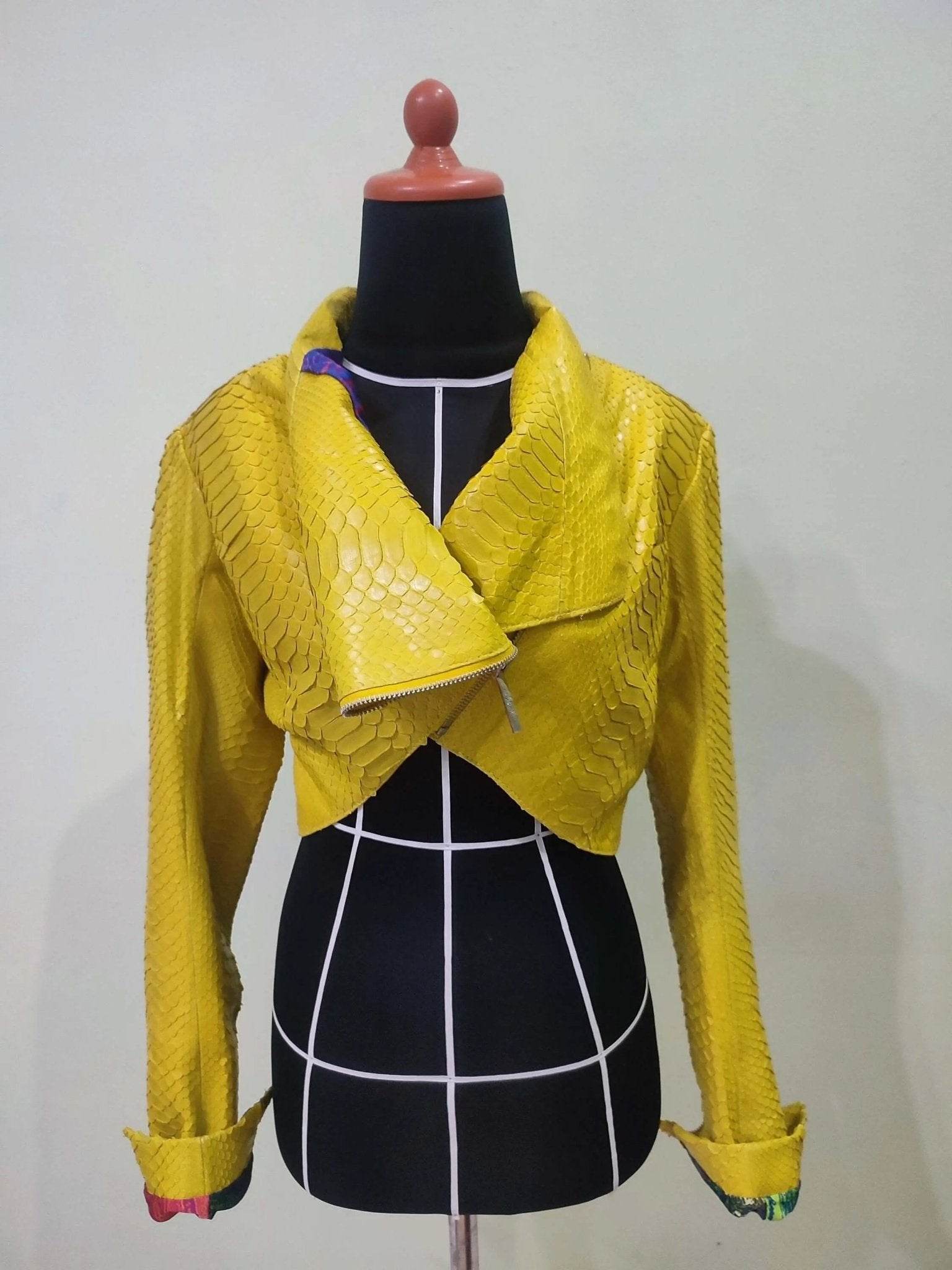 Yellow bolero jacket with open wrap collar and contrast trim cuffs