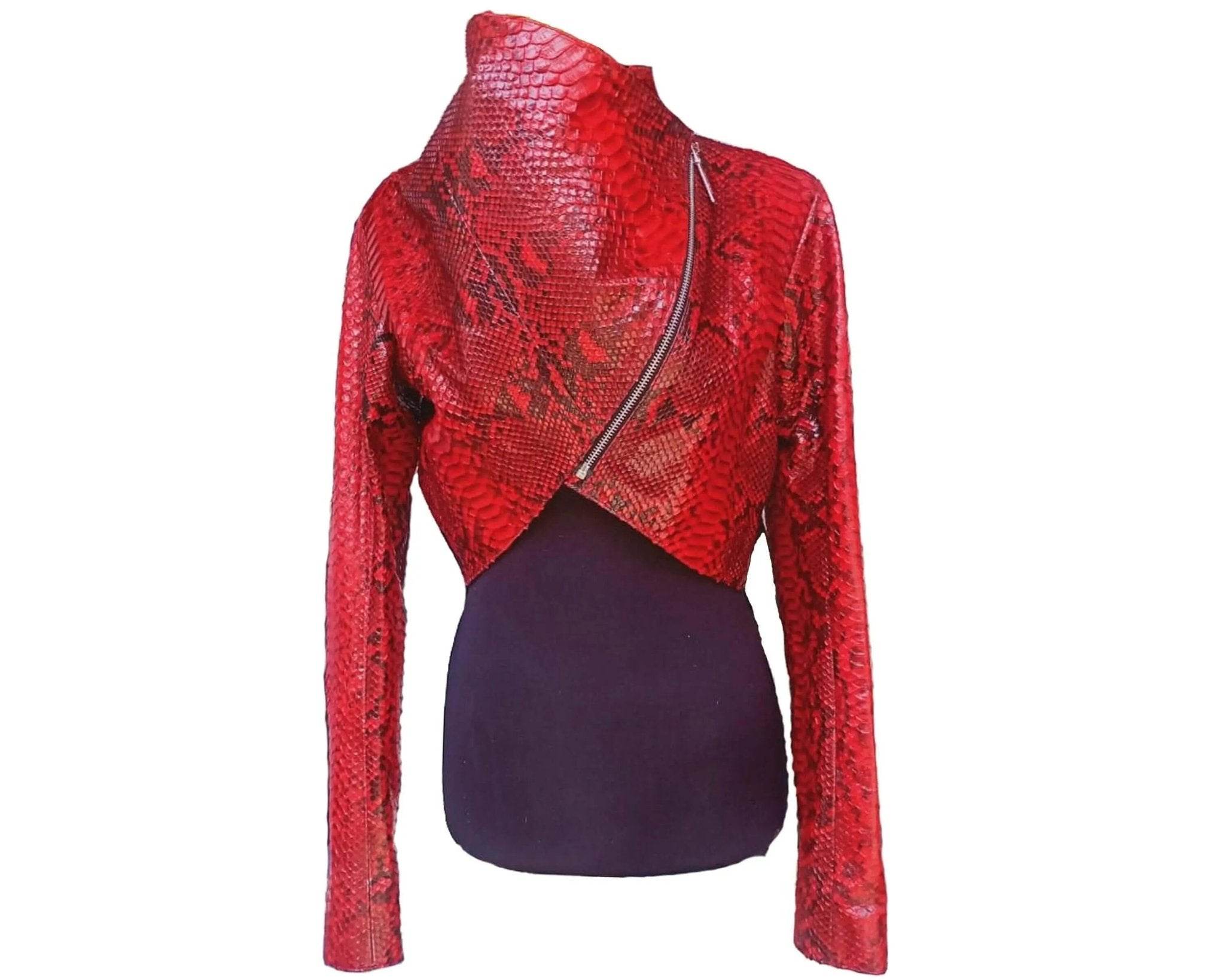 Red bolero jacket with snake-like texture and asymmetrical zip front