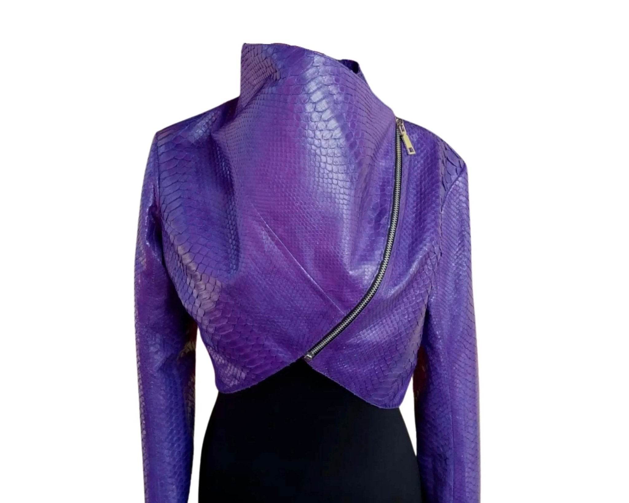 Purple bolero jacket with long sleeves, textured finish, and asymmetrical zip front