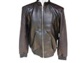 Black bomber leather jacket with full front zipper, ribbed collar and textured sleeves
