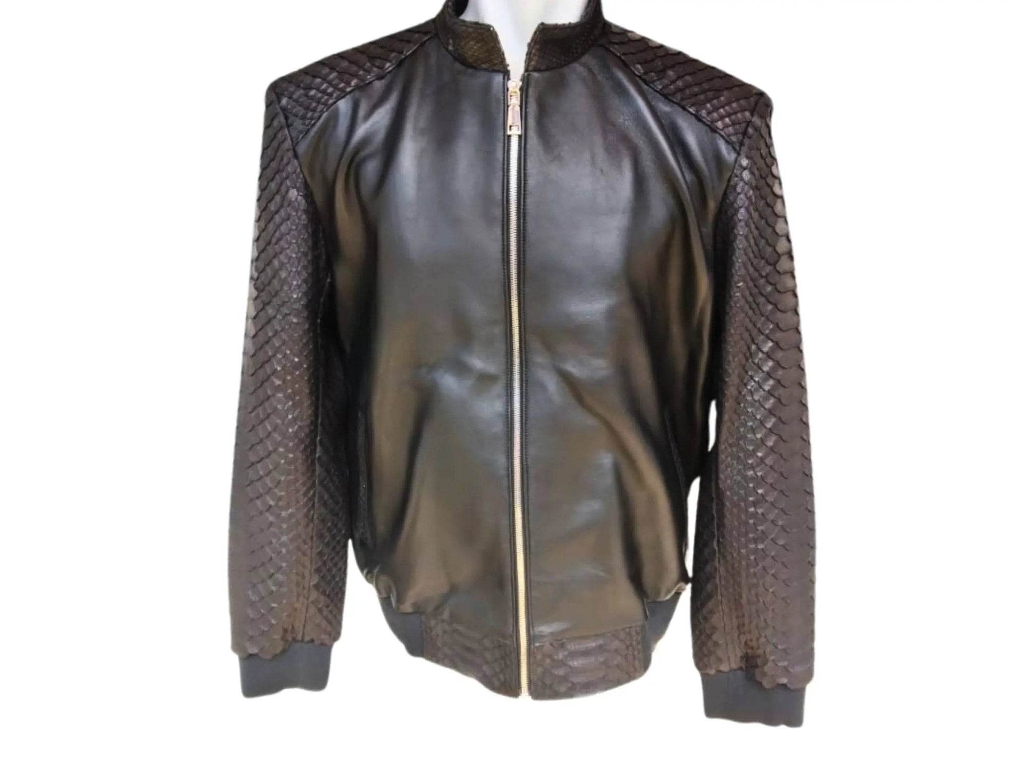 Black bomber leather jacket with full front zipper, ribbed collar and textured sleeves